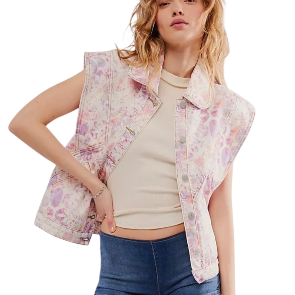 Free People x Driftwood Sweet Romeo Floral Denim Vest Western Boho L NWT